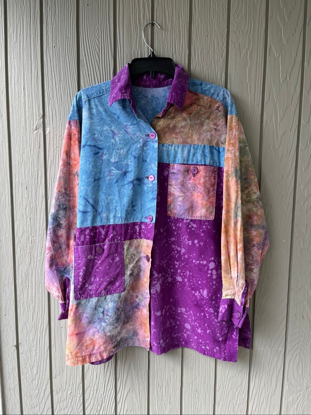 Patchwork Tie Dye Quilted Art Shirt Jacket Tunic Lagenlook Boho XL OOAK